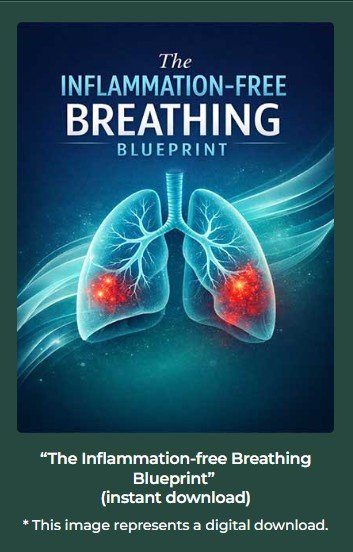 Cover image of The Inflammation-Free Breathing Blueprint digital download featuring lungs illustration on a blue background