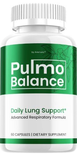 Bottle of Pulmo Balance daily lung support dietary supplement with green label and 60 capsules